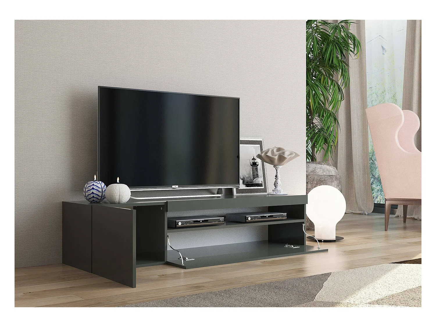 Móvel de TV Dmontu, Aparador baixo da sala, Base de móvel de TV, 100% Fabricado em Itália, 150x40h37 cm, Antracite brilhante