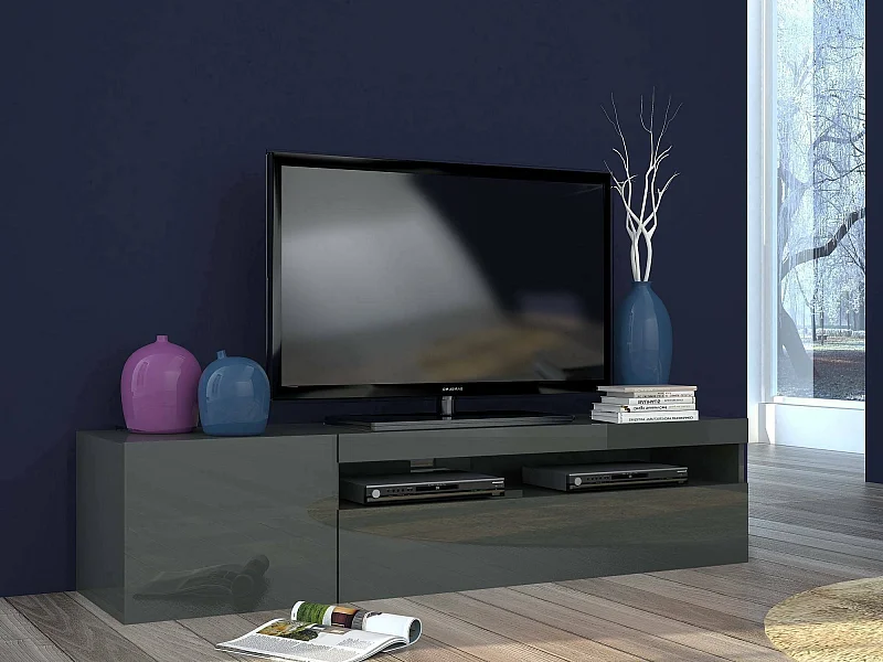 Fernsehschrank Dmontu, Niedriges Sideboard für Wohnzimmer, Sockel für TV-Möbel, 100 % Made in Italy, cm 150x40h37, Anthrazit glänzend