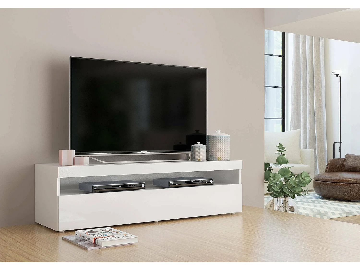 Fernsehschrank Dcaiced, Niedriges Sideboard für Wohnzimmer, Sockel für TV-Möbel, 100 % Made in Italy, cm 130x45h36, weiÃŸ glänzend
