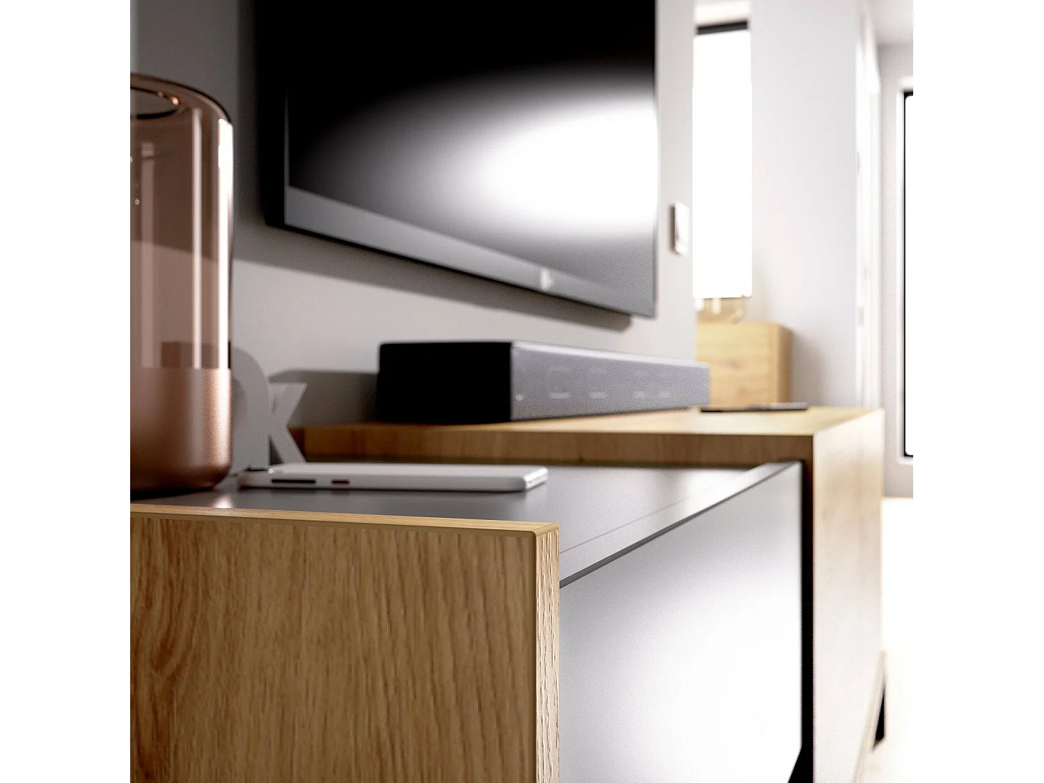 TV-Ständer Cengalo, niedriges Sideboard für Wohnzimmer, Sideboard für Wohnzimmer für Fernseher, 164 x 39 x 49 cm, Eiche Nodes und Anthrazit