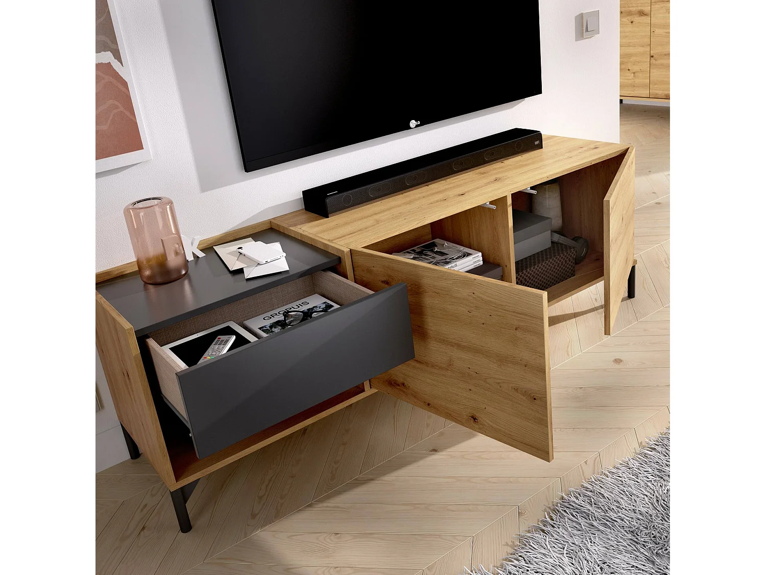 TV-Ständer Cengalo, niedriges Sideboard für Wohnzimmer, Sideboard für Wohnzimmer für Fernseher, 164 x 39 x 49 cm, Eiche Nodes und Anthrazit