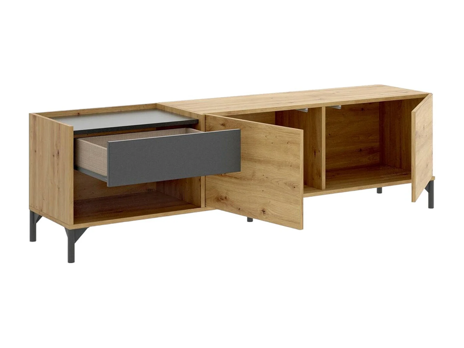 TV-Ständer Cengalo, niedriges Sideboard für Wohnzimmer, Sideboard für Wohnzimmer für Fernseher, 164 x 39 x 49 cm, Eiche Nodes und Anthrazit