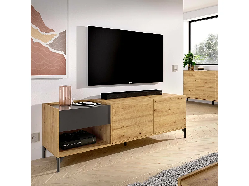 Mobile porta TV Cengalo, Credenza bassa da soggiorno, Madia da salotto per televisione, 164x39h49 cm, Rovere Nodi e Antracite