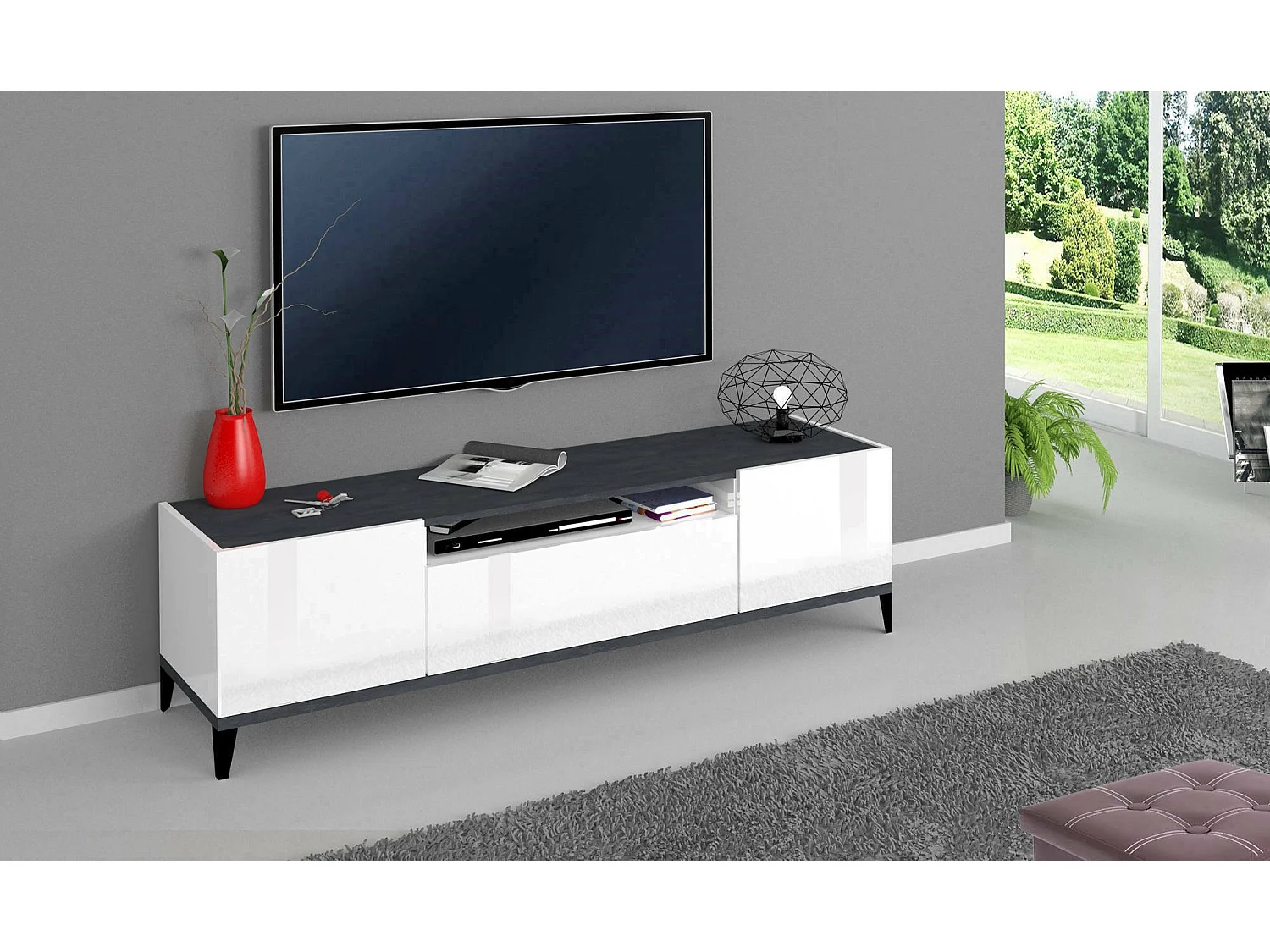 Móvel de TV Dfigol, Aparador baixo de sala com 2 portas, base de móvel de TV, 100% Fabricado em Itália, 160x40h47 cm, Branco brilhante e ardósia
