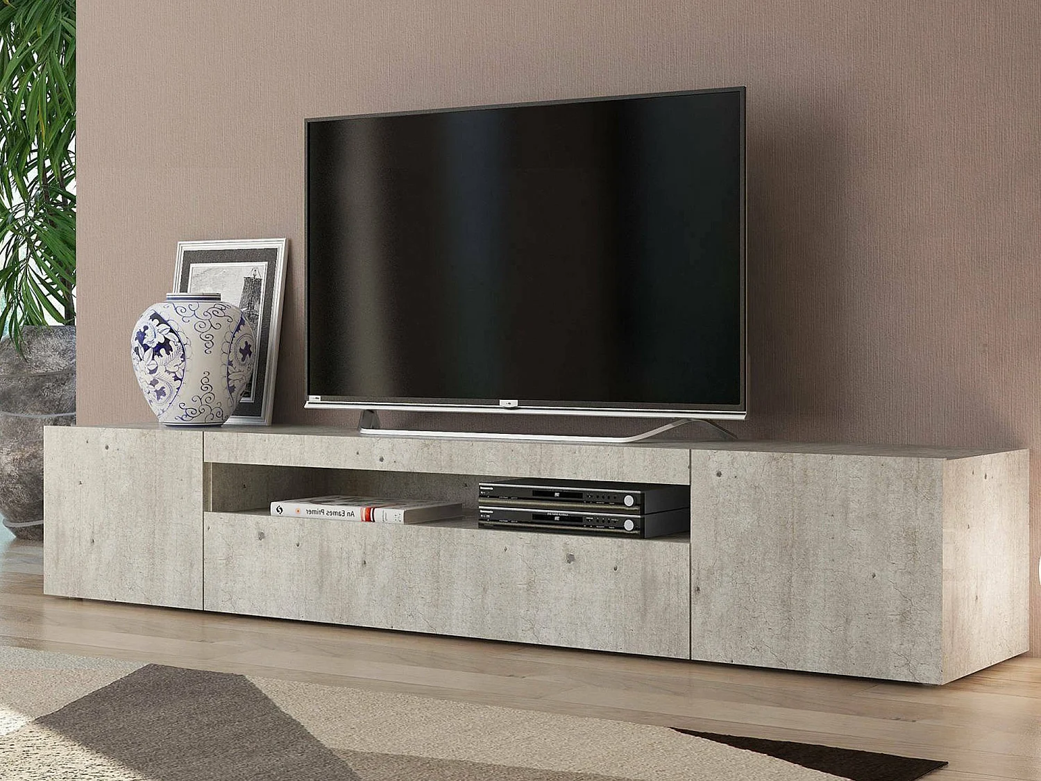 Meuble TV Dafrim, Buffet bas de salon avec 3 portes, Base pour meuble TV, 100% Made in Italy, 200x40h37 cm, Ciment