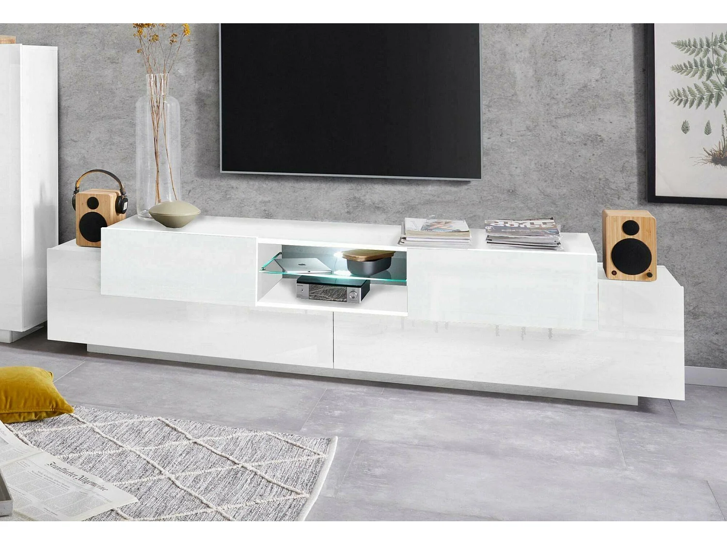 Móvel de TV Dmusso, Aparador baixo da sala, base de móvel de TV, 100% Fabricado na Itália, 220x40h51 cm, Branco brilhante