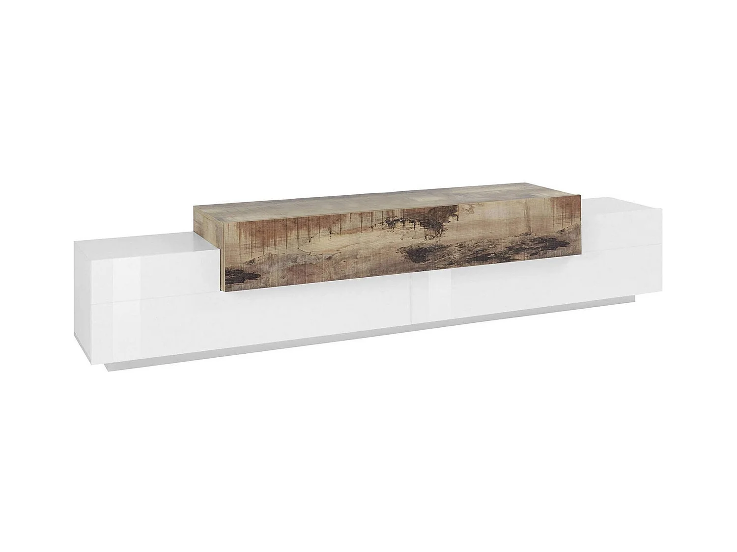 Dlamann TV-meubel, Laag woonkamerdressoir, TV-meubelbasis, 100% Made in Italy, 240x45h52 cm, Glanzend wit en esdoorn
