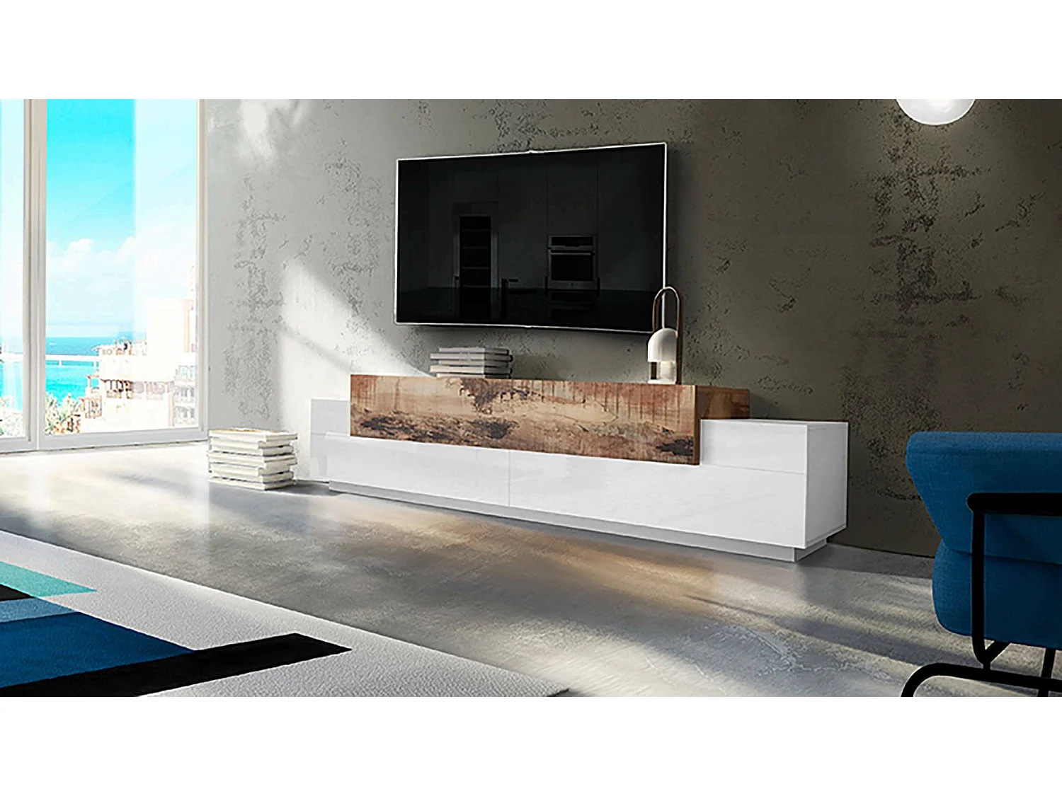 Meuble TV Dlamann, Buffet bas de salon, Base pour meuble TV, 100% Made in Italy, 240x45h52 cm, Blanc brillant et érable