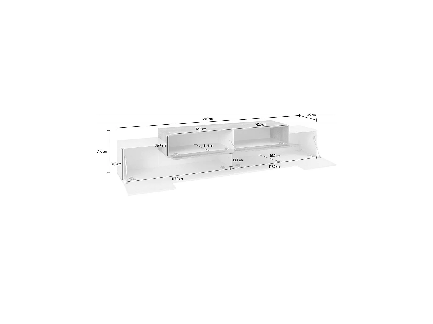 Meuble TV Dlamann, Buffet bas de salon, Base pour meuble TV, 100% Made in Italy, 240x45h52 cm, Blanc brillant et érable