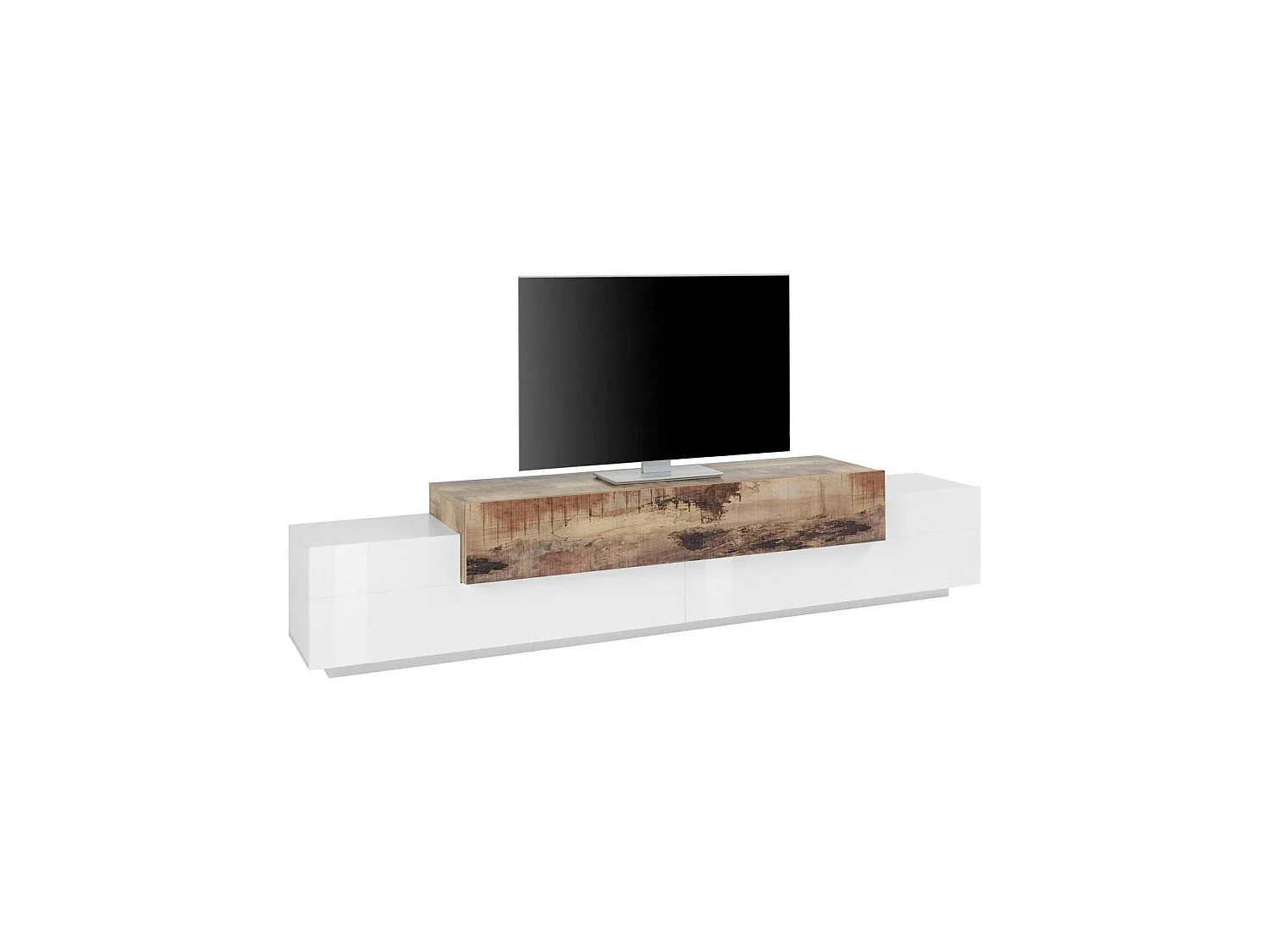 Meuble TV Dlamann, Buffet bas de salon, Base pour meuble TV, 100% Made in Italy, 240x45h52 cm, Blanc brillant et érable