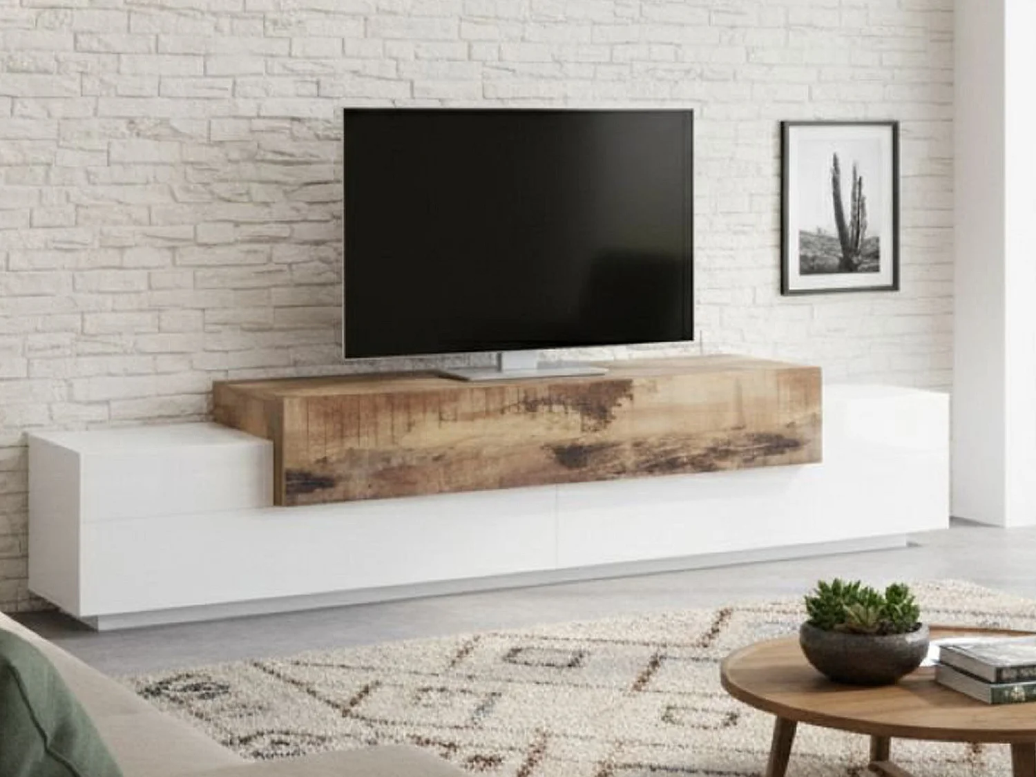 Meuble TV Dlamann, Buffet bas de salon, Base pour meuble TV, 100% Made in Italy, 240x45h52 cm, Blanc brillant et érable