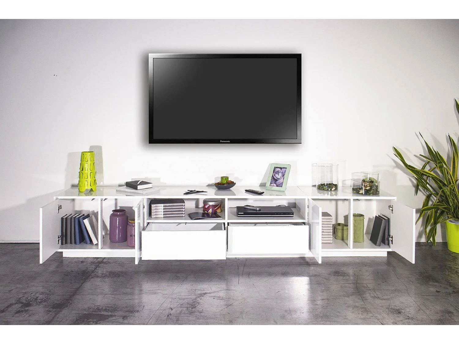 Meuble TV Orazio, Buffet bas de salon, Base pour meuble TV, 100% Made in Italy, 260x41h46 cm, Blanc brillant