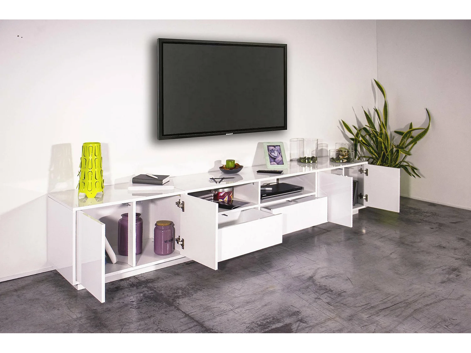 Dmora Tv-meubel Orazio 41x260x46h cm Wit Glans 3 Planken 2 Lades, 6 Vakken Made in Italy