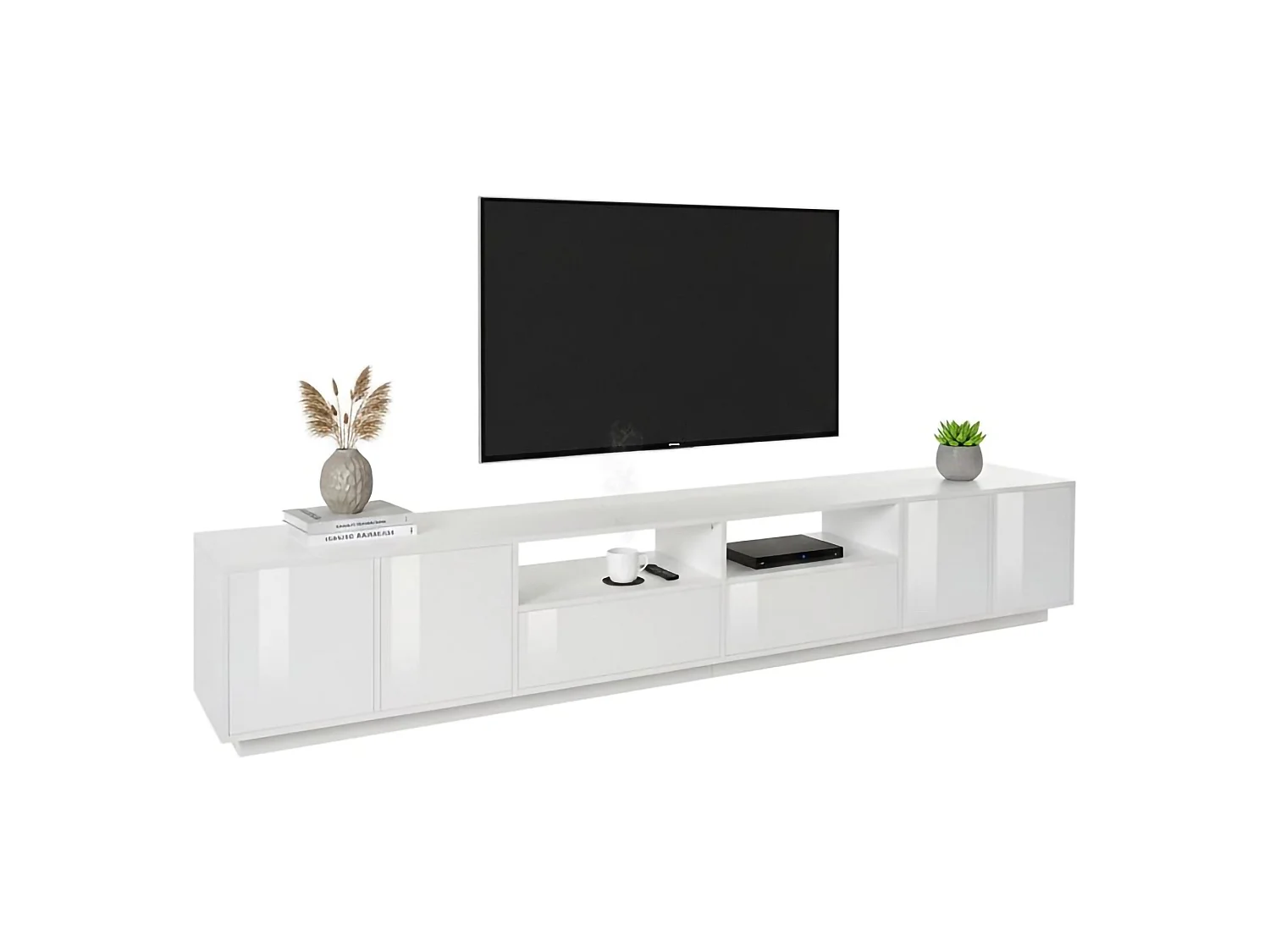 Dmora Mobile Porta tv Orazio 41x260x46h cm Bianco Lucido 2 Cassetti 3 Ripiani, Apertura Battente Made in Italy