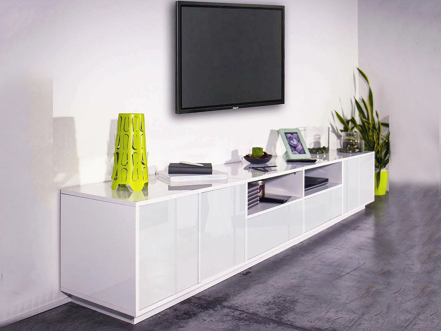 Dmora Mobile Porta tv Orazio 41x260x46h cm Bianco Lucido 2 Cassetti 3 Ripiani, Apertura Battente Made in Italy