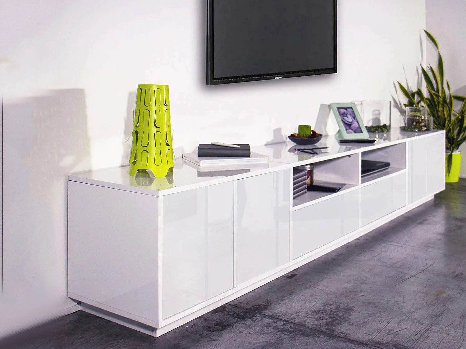 Dmora Mobile Porta tv Orazio 41x260x46h cm Bianco Lucido 2 Cassetti 3 Ripiani, Apertura Battente Made in Italy