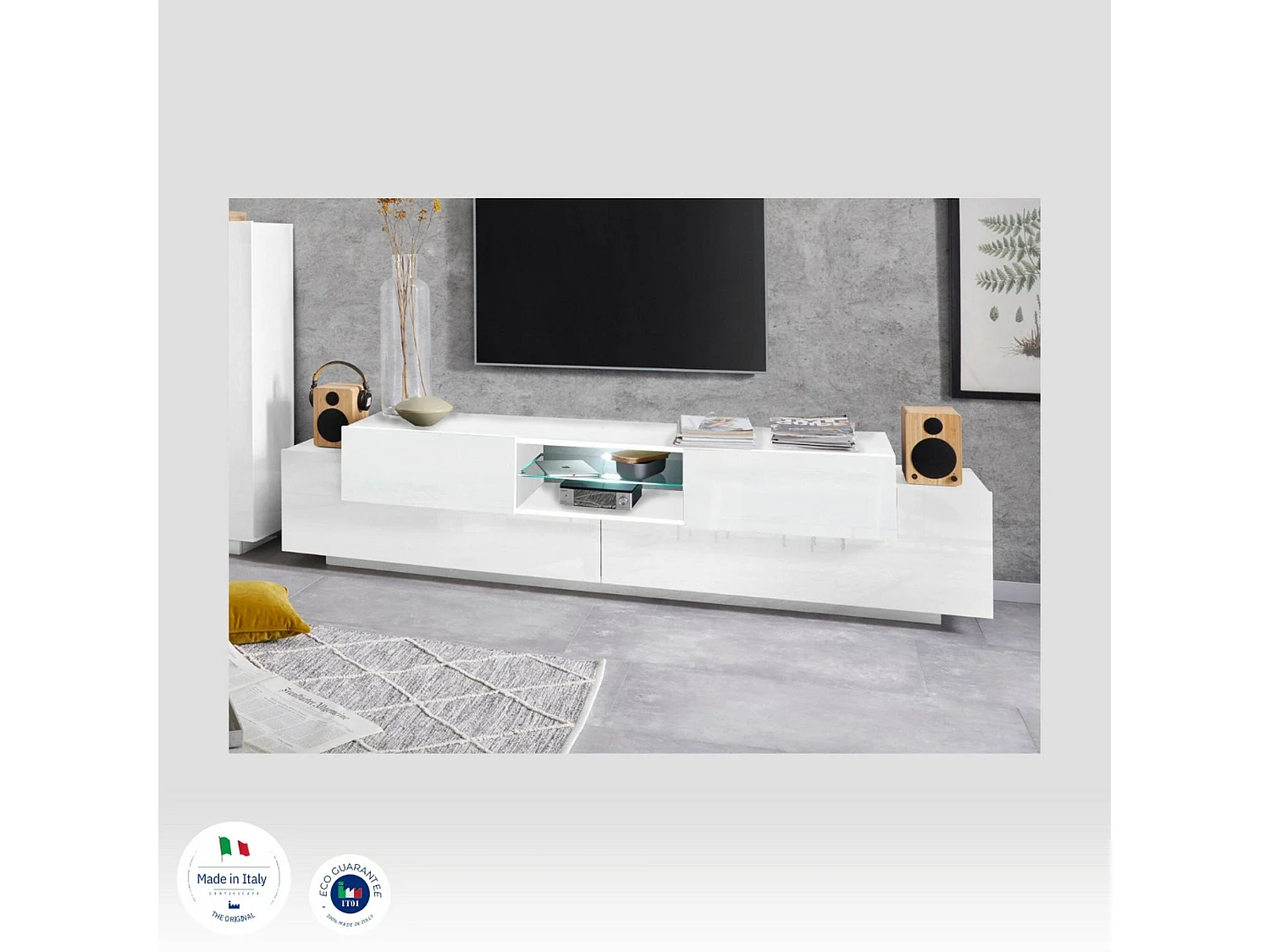 Mobile porta TV Vincenzo, Credenza bassa da soggiorno, Base porta TV, 100% Made in Italy, cm 220x40h51, Bianco lucido