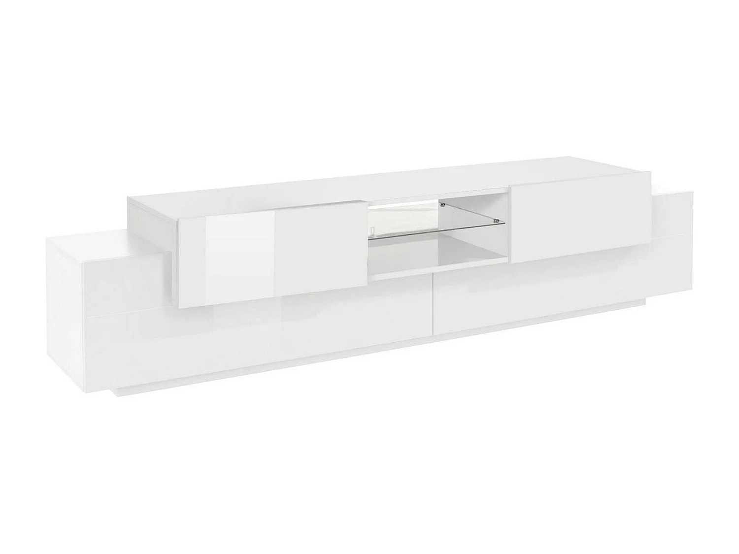 Dmora Mobile Porta tv Vincenzo 40x220x51h cm Bianco Lucido 3 Ripiani Apertura Battente e a Ribalta, 4 Ante Made in Italy