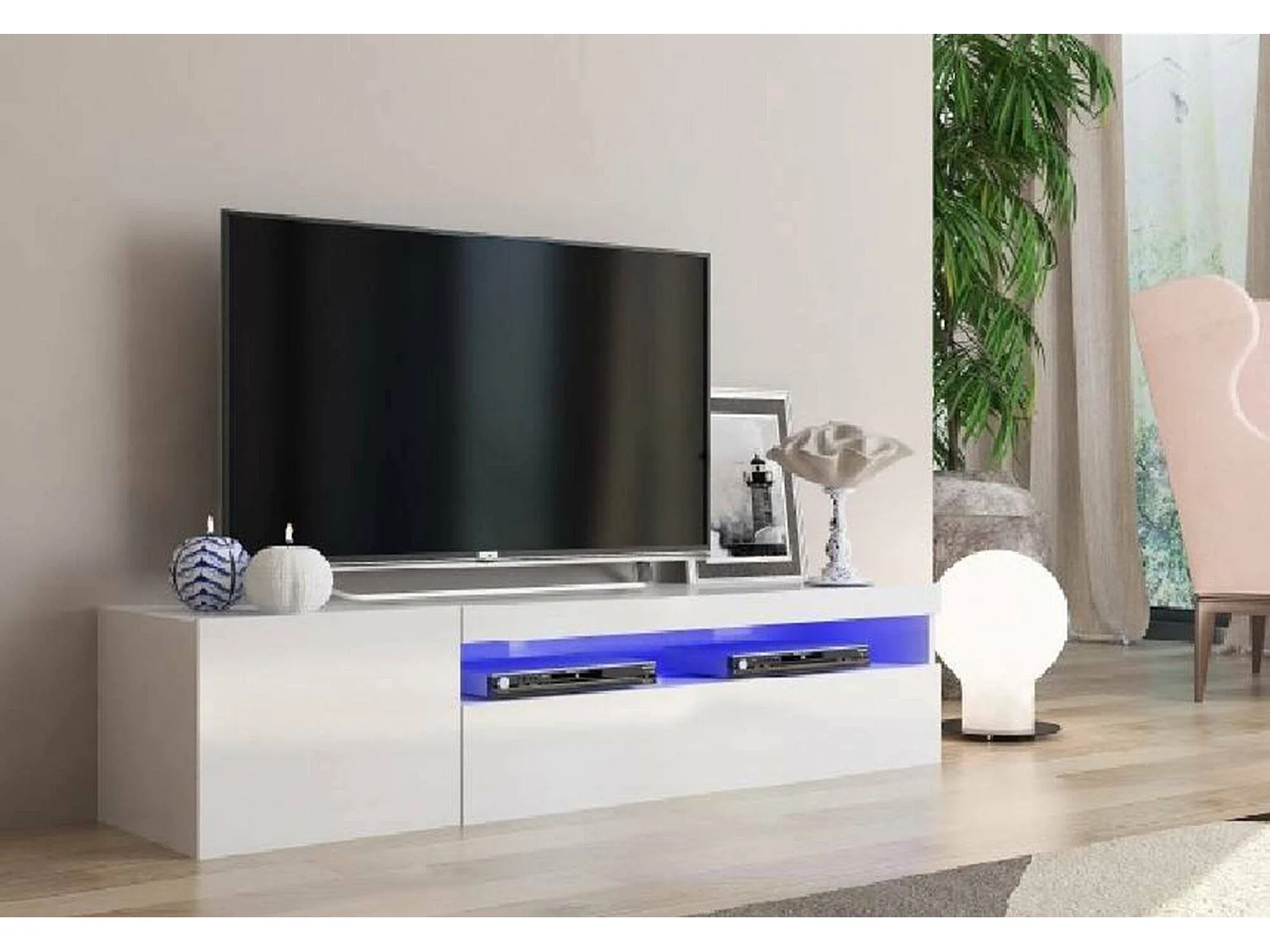 Meuble TV Dmangoni, Buffet bas de salon avec 2 portes, Base pour meuble TV, 100% Made in Italy, 150x40h37 cm, Blanc brillant, avec lumière LED