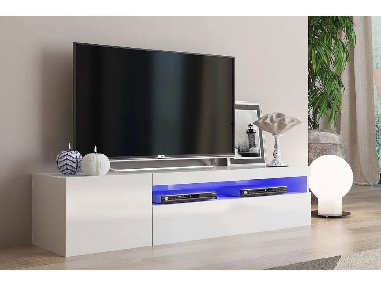 Fernsehschrank Dmangoni, Niedriges Sideboard für Wohnzimmer mit 2 Türen, Sockel für TV-Möbel, 100 % Made in Italy, cm 150x40h37, glänzend weiÃŸ, mit LED-Licht