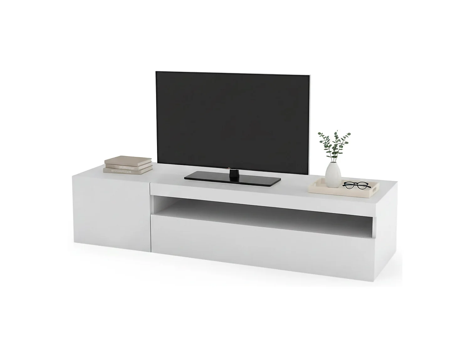 Meuble TV Dmangoni, Buffet bas de salon avec 2 portes, Base pour meuble TV, 100% Made in Italy, 150x40h37 cm, Blanc brillant, avec lumière LED