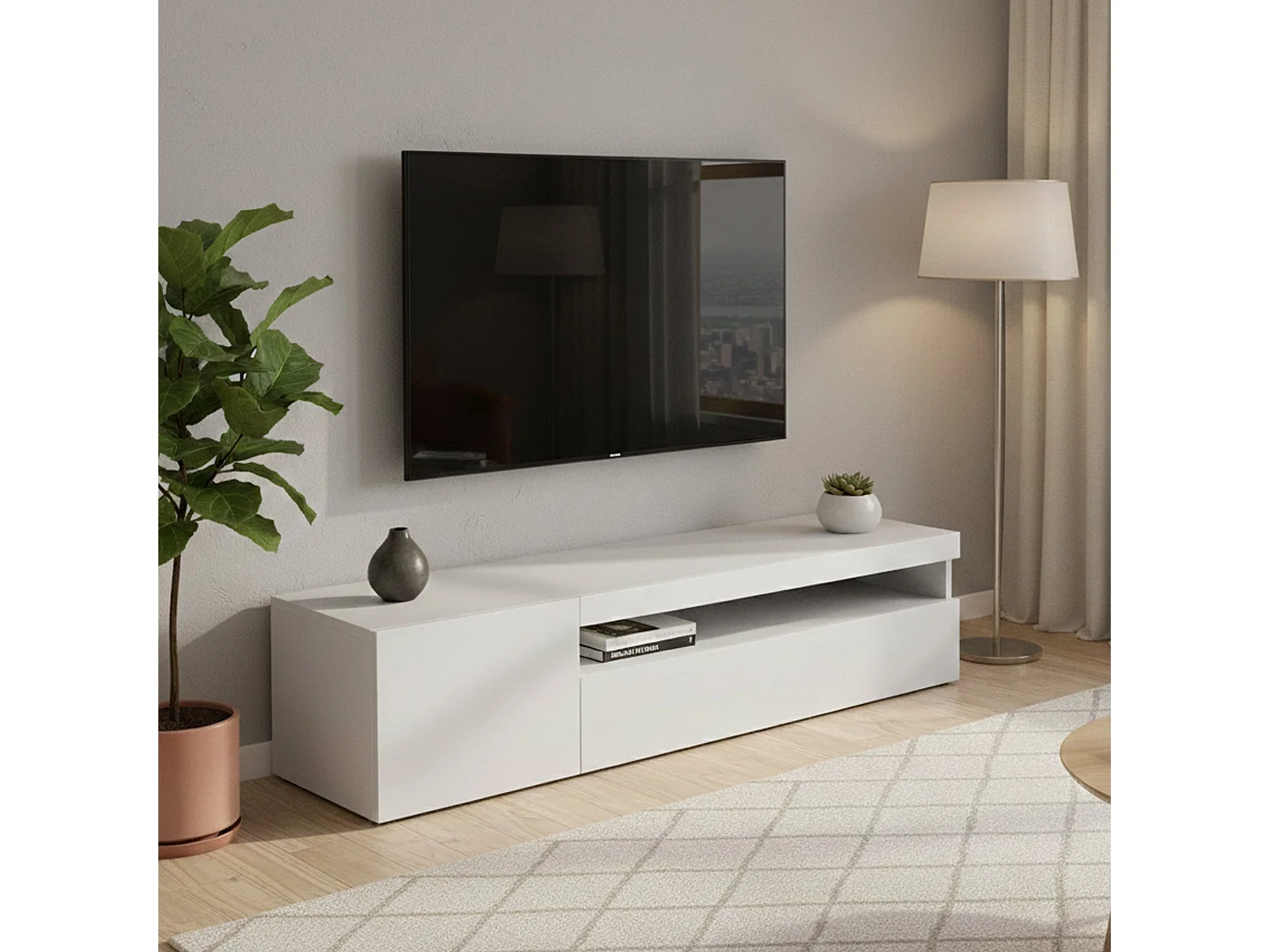 Meuble TV Dmangoni, Buffet bas de salon avec 2 portes, Base pour meuble TV, 100% Made in Italy, 150x40h37 cm, Blanc brillant, avec lumière LED