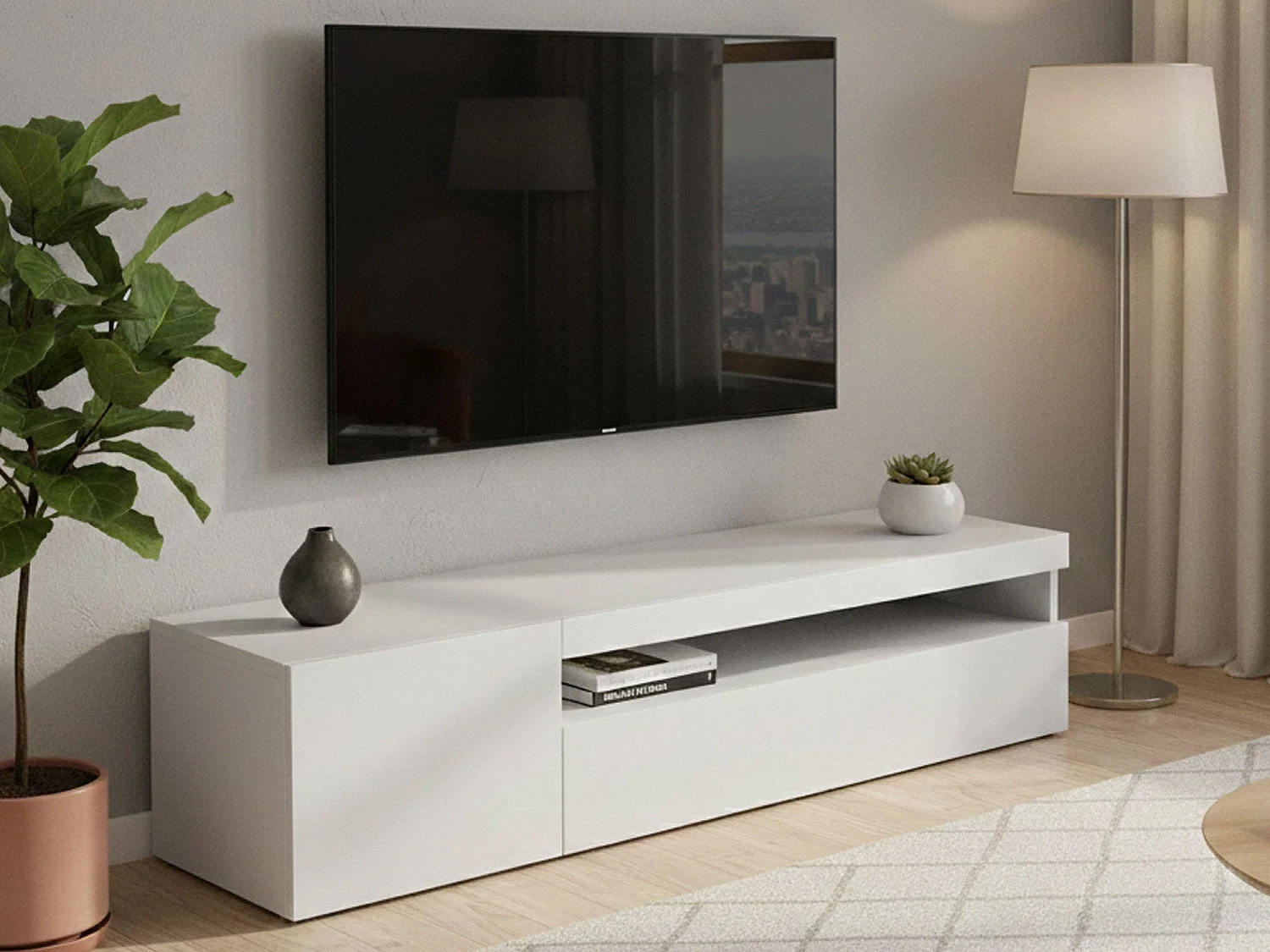 Meuble TV Dmangoni, Buffet bas de salon avec 2 portes, Base pour meuble TV, 100% Made in Italy, 150x40h37 cm, Blanc brillant, avec lumière LED