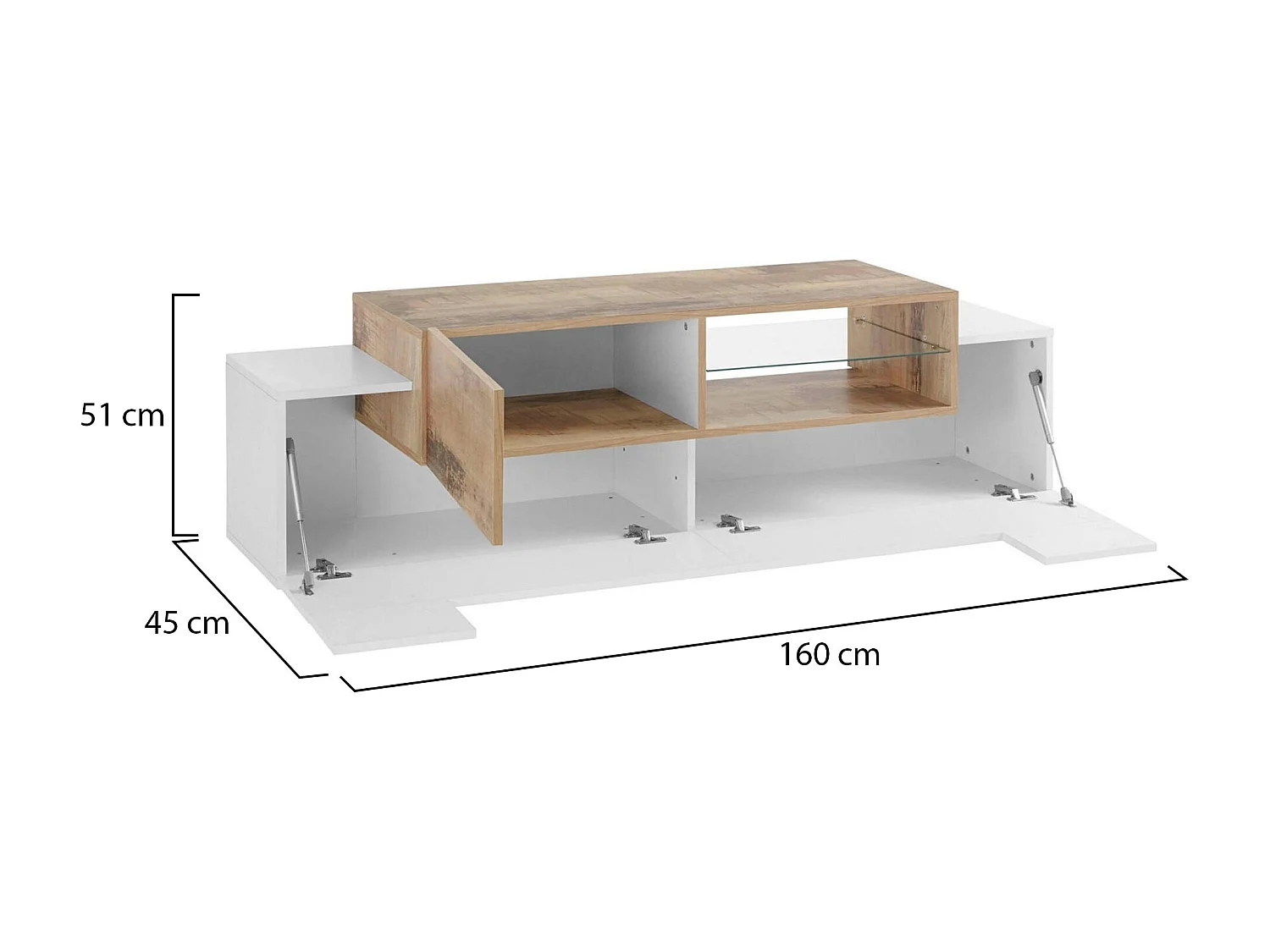 Meuble TV Dlodrin, Buffet bas de salon, Base pour meuble TV, 100% Made in Italy, 160x45h51 cm, Blanc brillant et Érable
