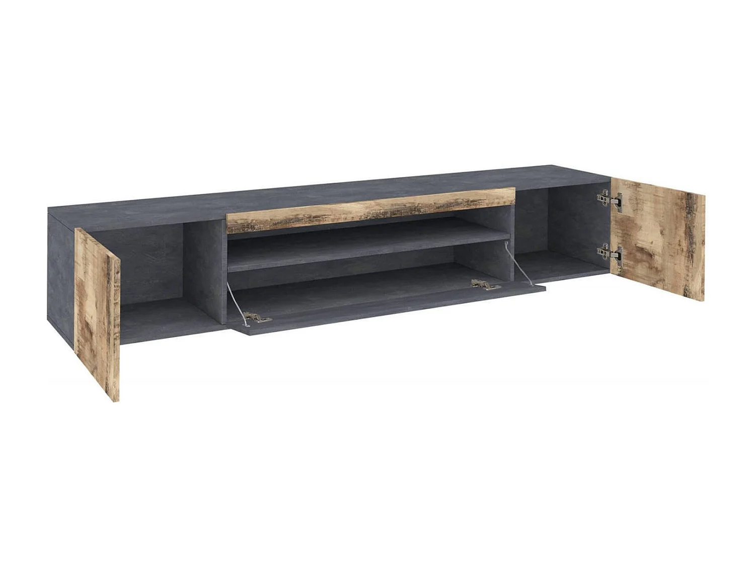Meuble TV Dmarso, Buffet bas de salon avec 3 portes, Base pour meuble TV, 100% Made in Italy, 200x40h37 cm, Ardoise et Érable