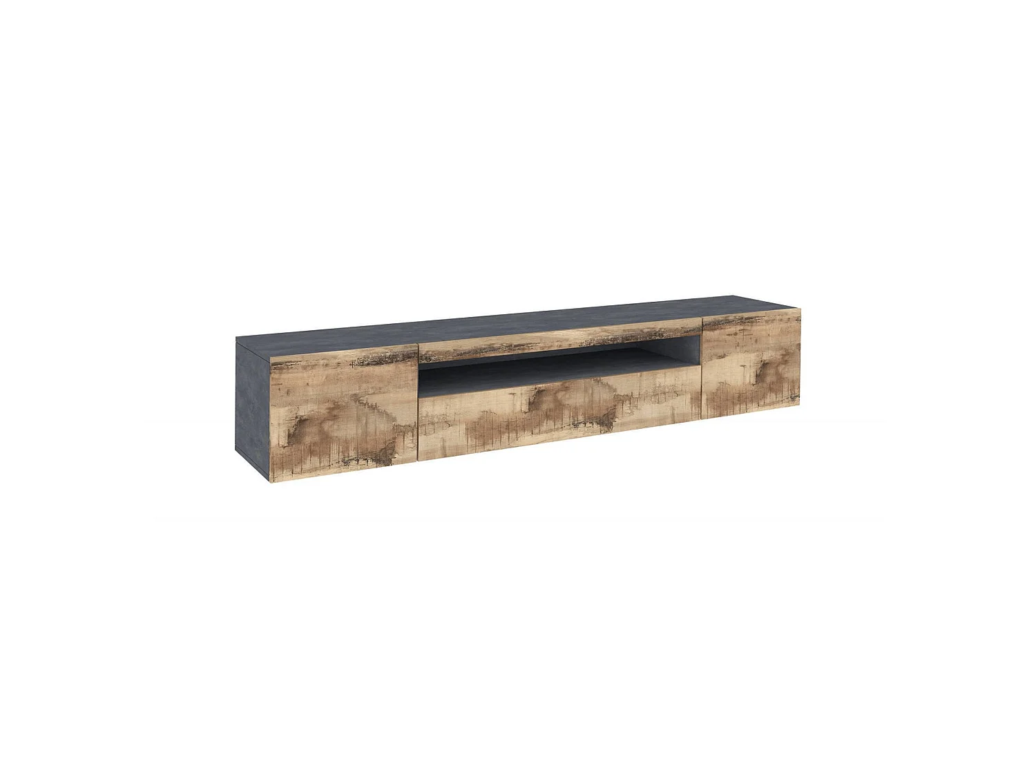 Dmarso TV-meubel, Laag woonkamerdressoir met 3 deuren, TV-meubelbasis, 100% Made in Italy, 200x40h37 cm, Leisteen en esdoorn