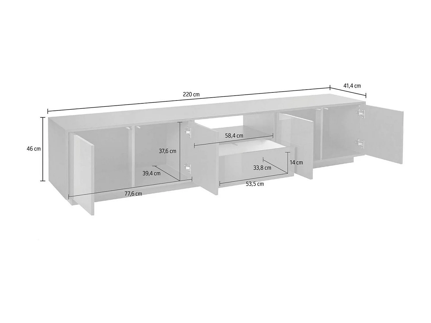 Meuble TV Dlepor, Buffet bas de salon, Base pour meuble TV, 100% Made in Italy, 220x41h46 cm, Blanc brillant