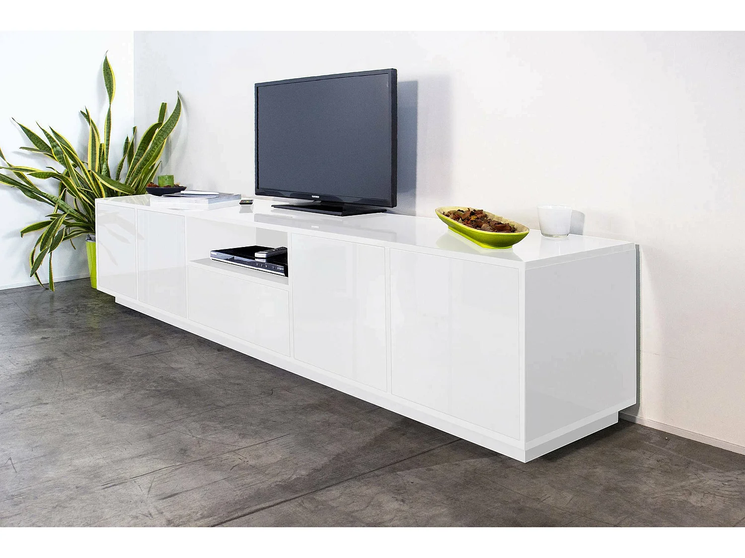 Meuble TV Dlepor, Buffet bas de salon, Base pour meuble TV, 100% Made in Italy, 220x41h46 cm, Blanc brillant