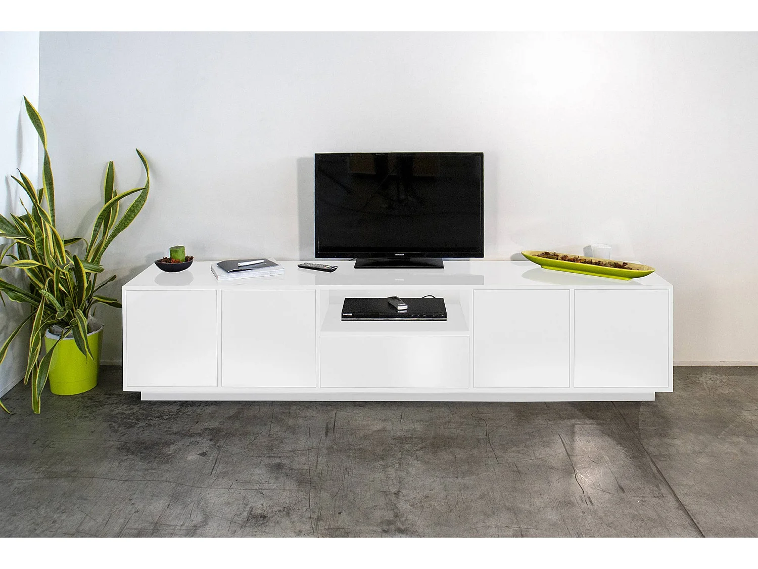 Meuble TV Dlepor, Buffet bas de salon, Base pour meuble TV, 100% Made in Italy, 220x41h46 cm, Blanc brillant