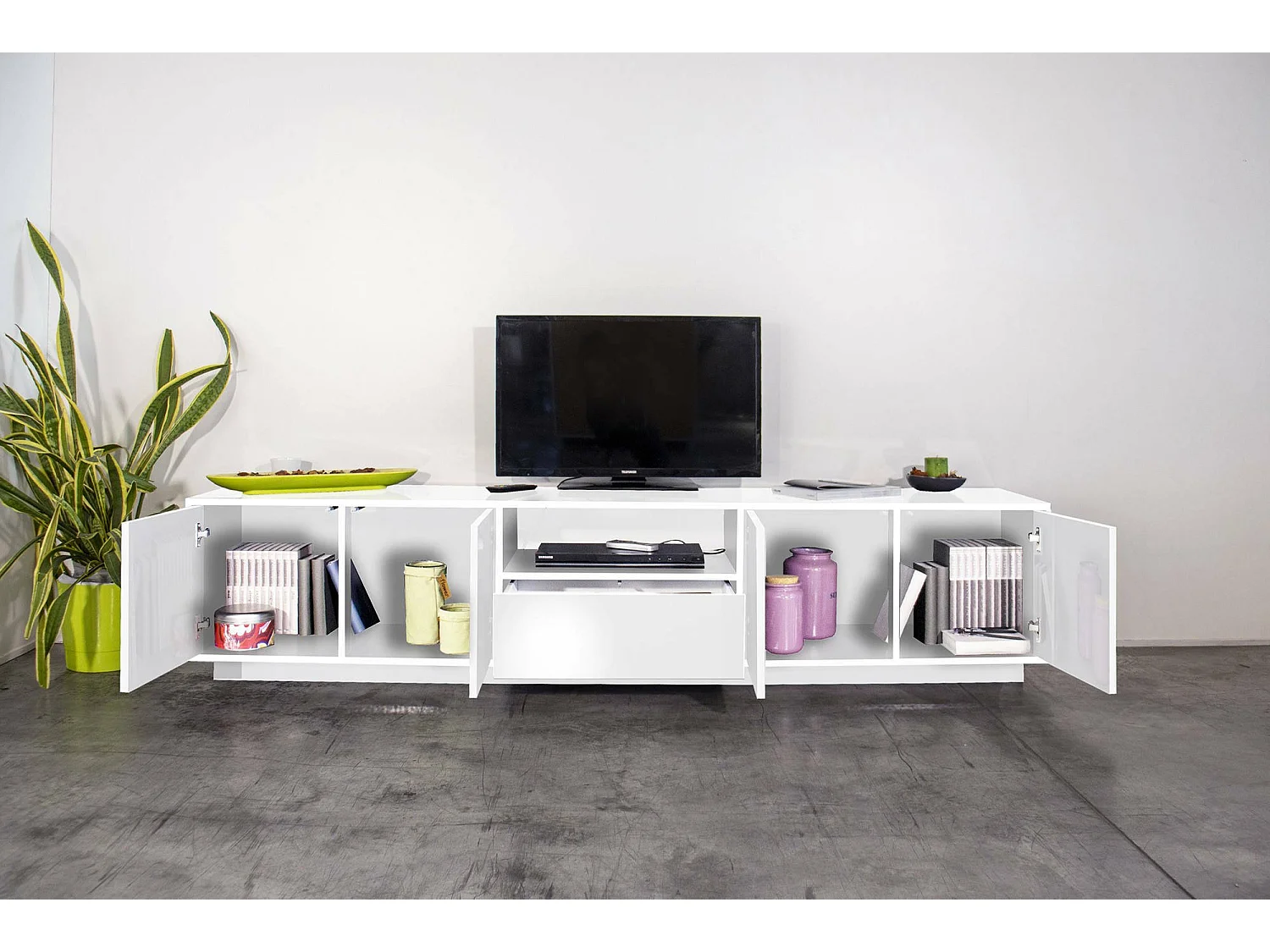 Meuble TV Dlepor, Buffet bas de salon, Base pour meuble TV, 100% Made in Italy, 220x41h46 cm, Blanc brillant