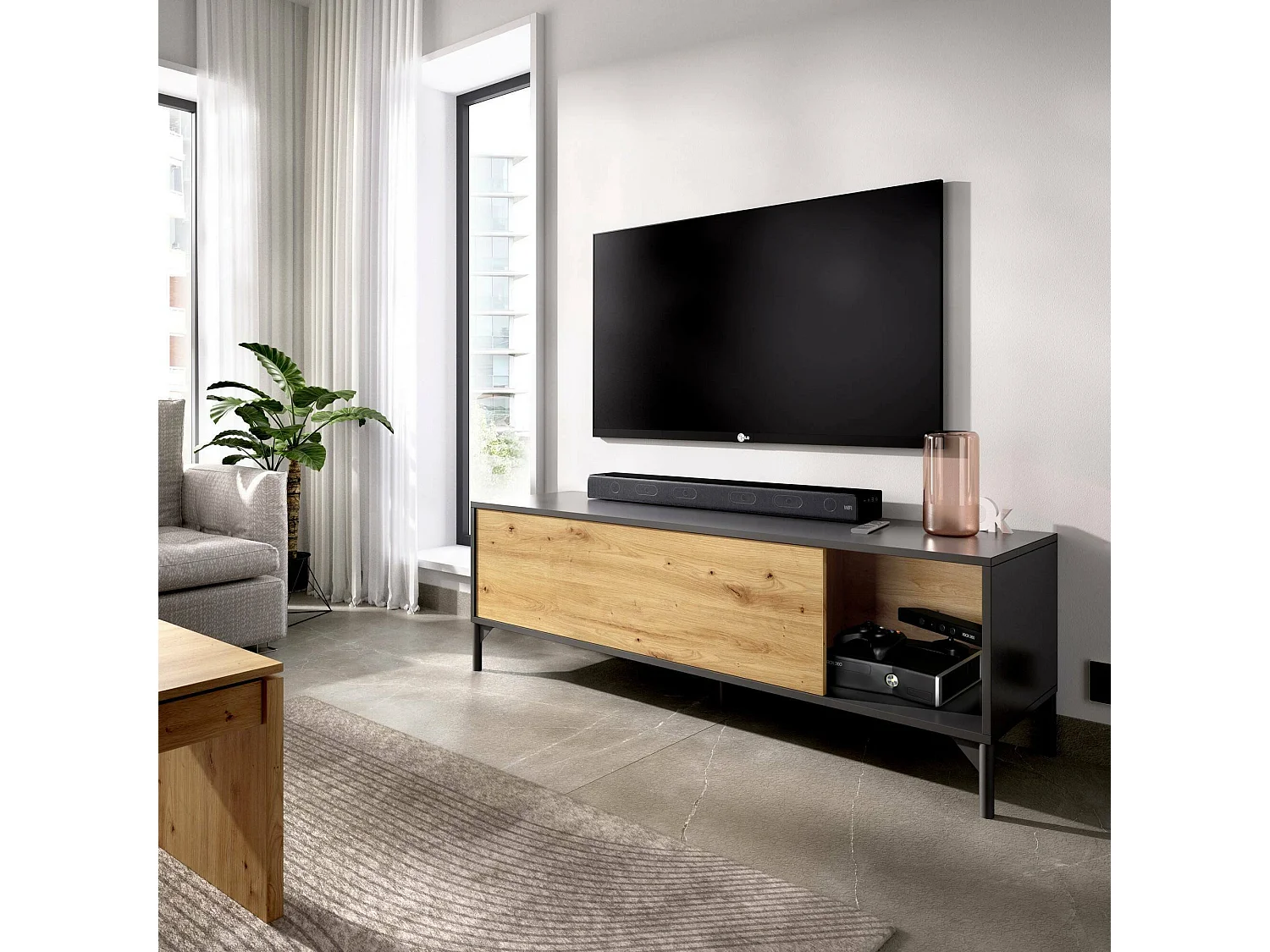 Mueble TV Dlell, Aparador bajo para salón, Aparador para salón para televisión, 132x39h44 cm, Roble Nudos y Antracita