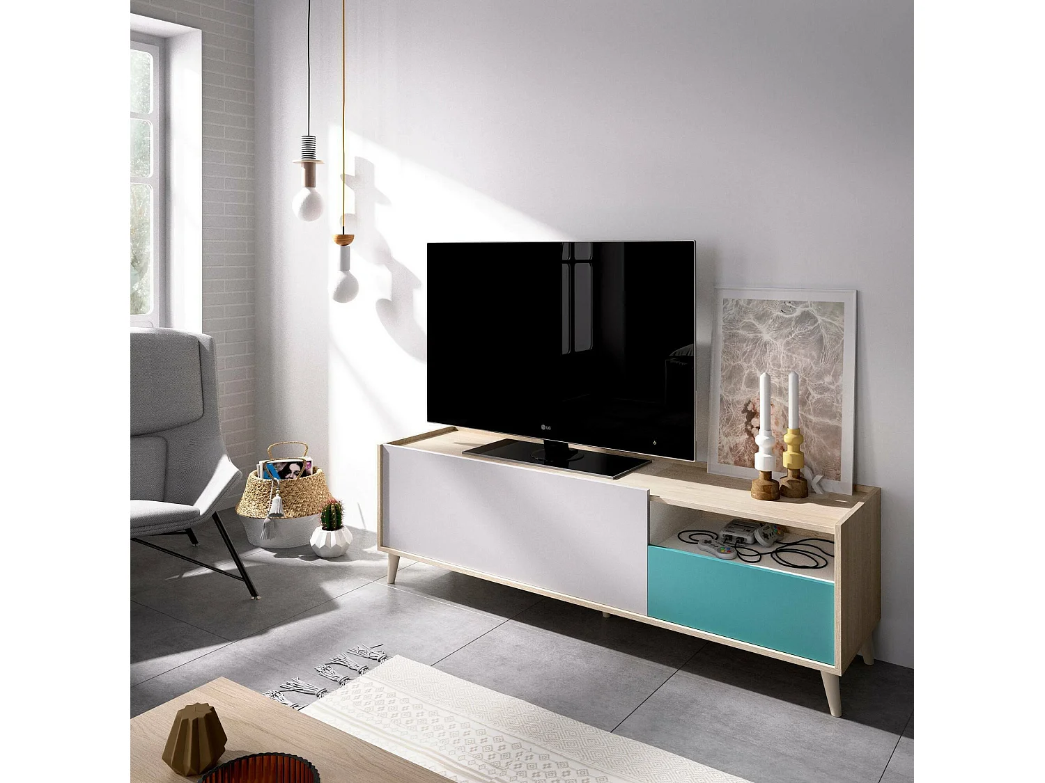 Mueble TV Dmill, Aparador bajo para salón, Aparador TV para salón, 155x43h47 cm, Roble y Blanco