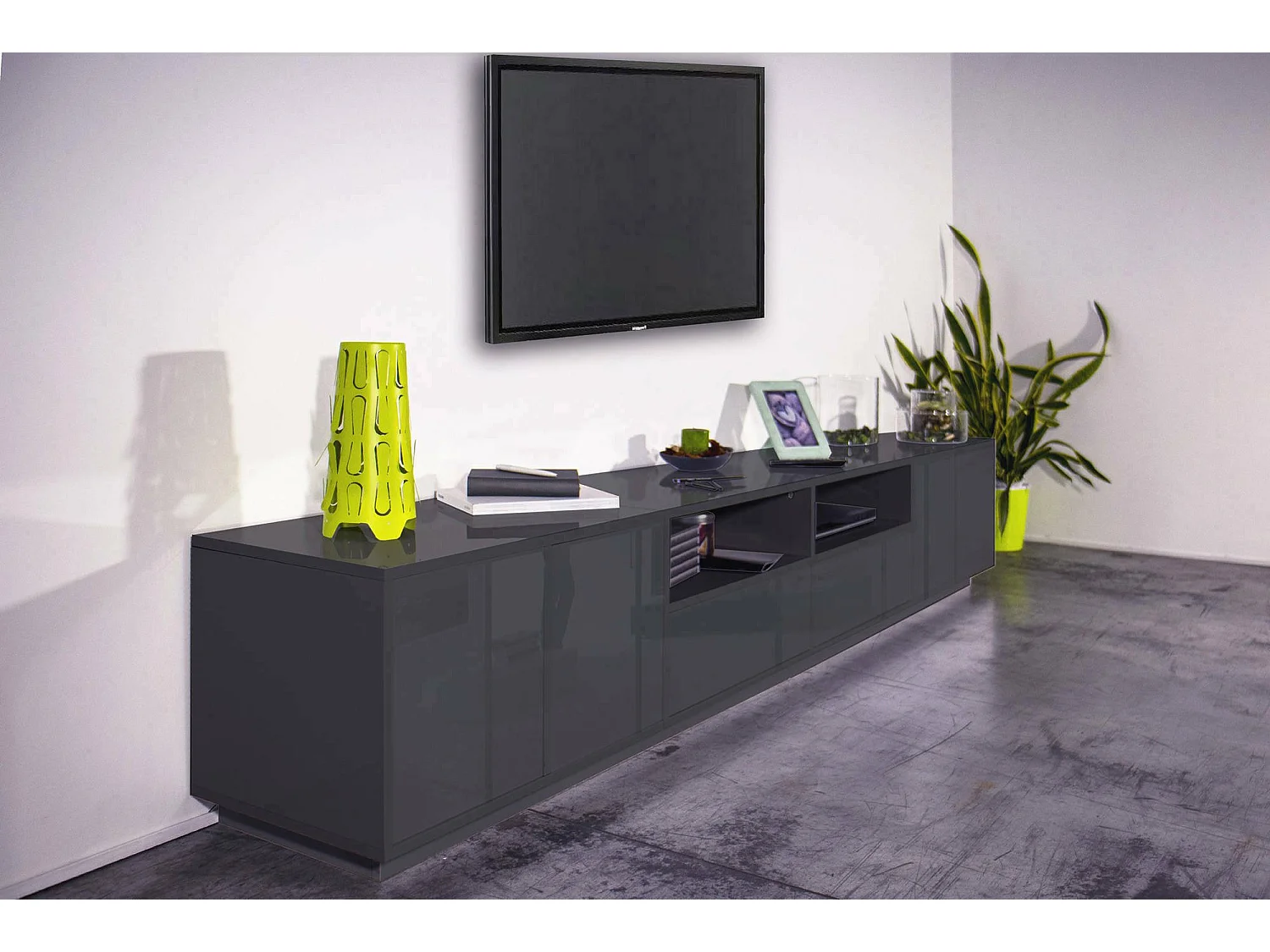 Mobile porta TV Orazio, Credenza bassa da soggiorno, Base porta TV, 100% Made in Italy, cm 260x41h46, Antracite lucido