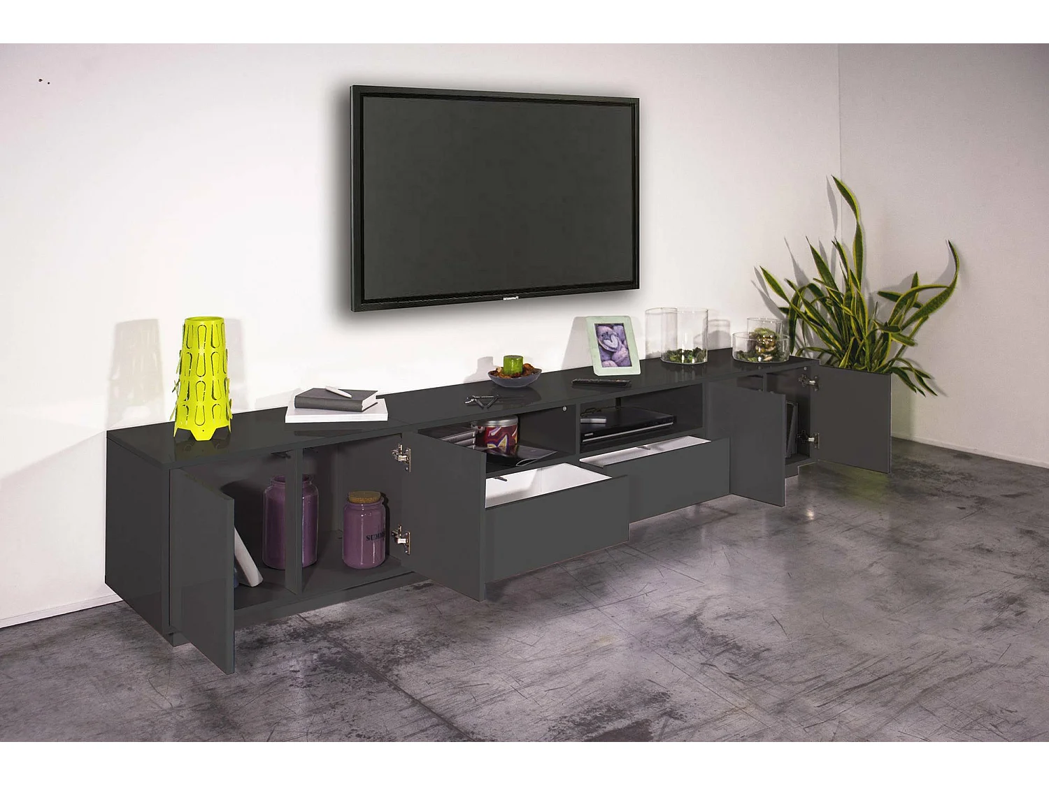 Mobile porta TV Orazio, Credenza bassa da soggiorno, Base porta TV, 100% Made in Italy, cm 260x41h46, Antracite lucido