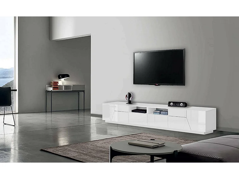 Móvel de TV Dfagiol, Aparador baixo de sala com 4 portas, base de móvel de TV, 100% Fabricado na Itália, 260x43h46 cm, Branco brilhante