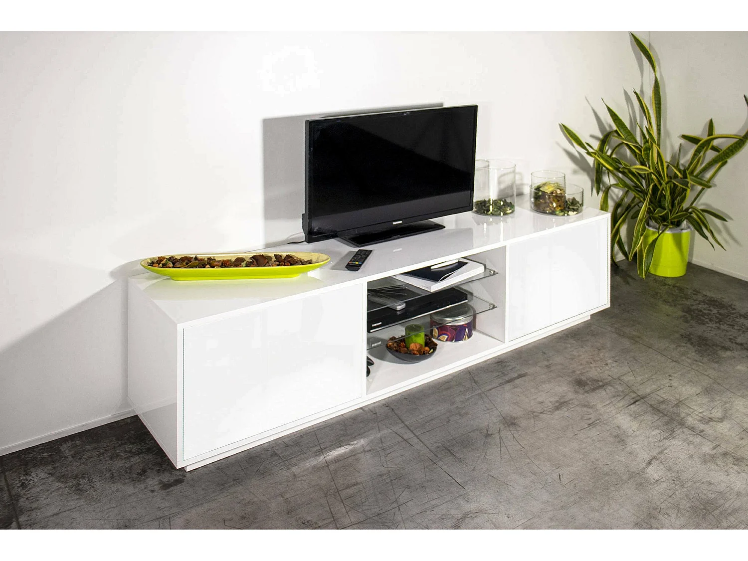 Paride TV-meubel, Laag woonkamerdressoir met 2 deuren, TV-meubelbasis, 100% Made in Italy, 180x41h46 cm, Glanzend wit