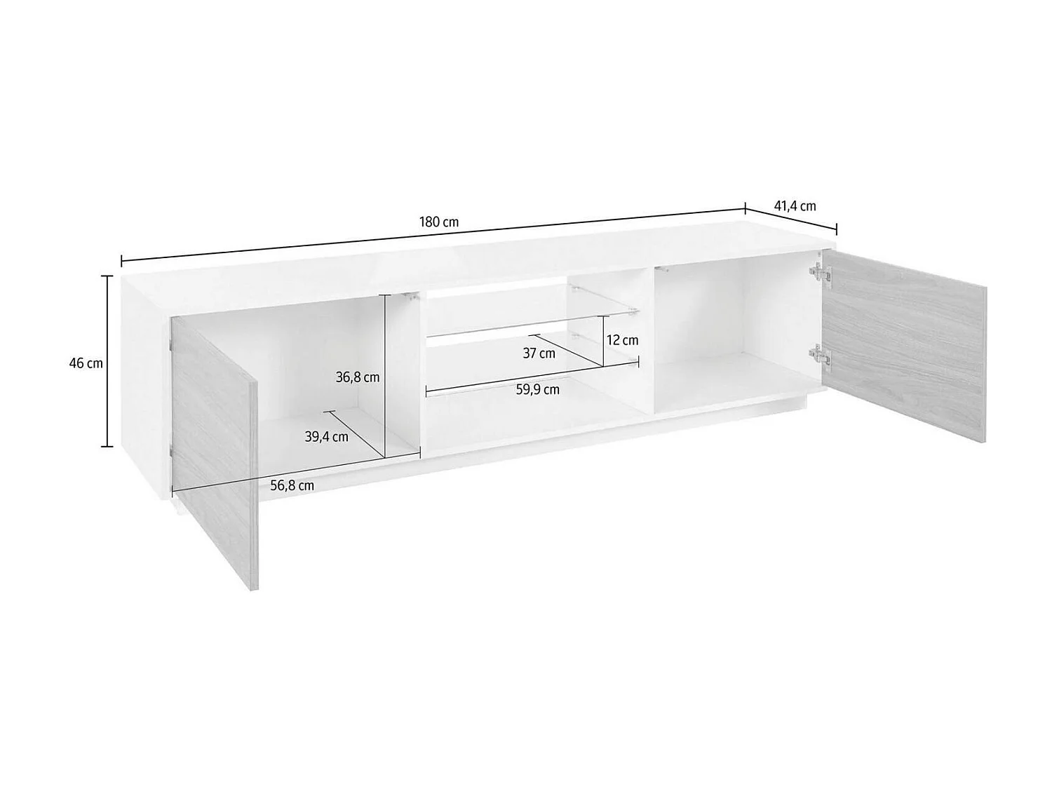 Paride TV-meubel, Laag woonkamerdressoir met 2 deuren, TV-meubelbasis, 100% Made in Italy, 180x41h46 cm, Glanzend wit