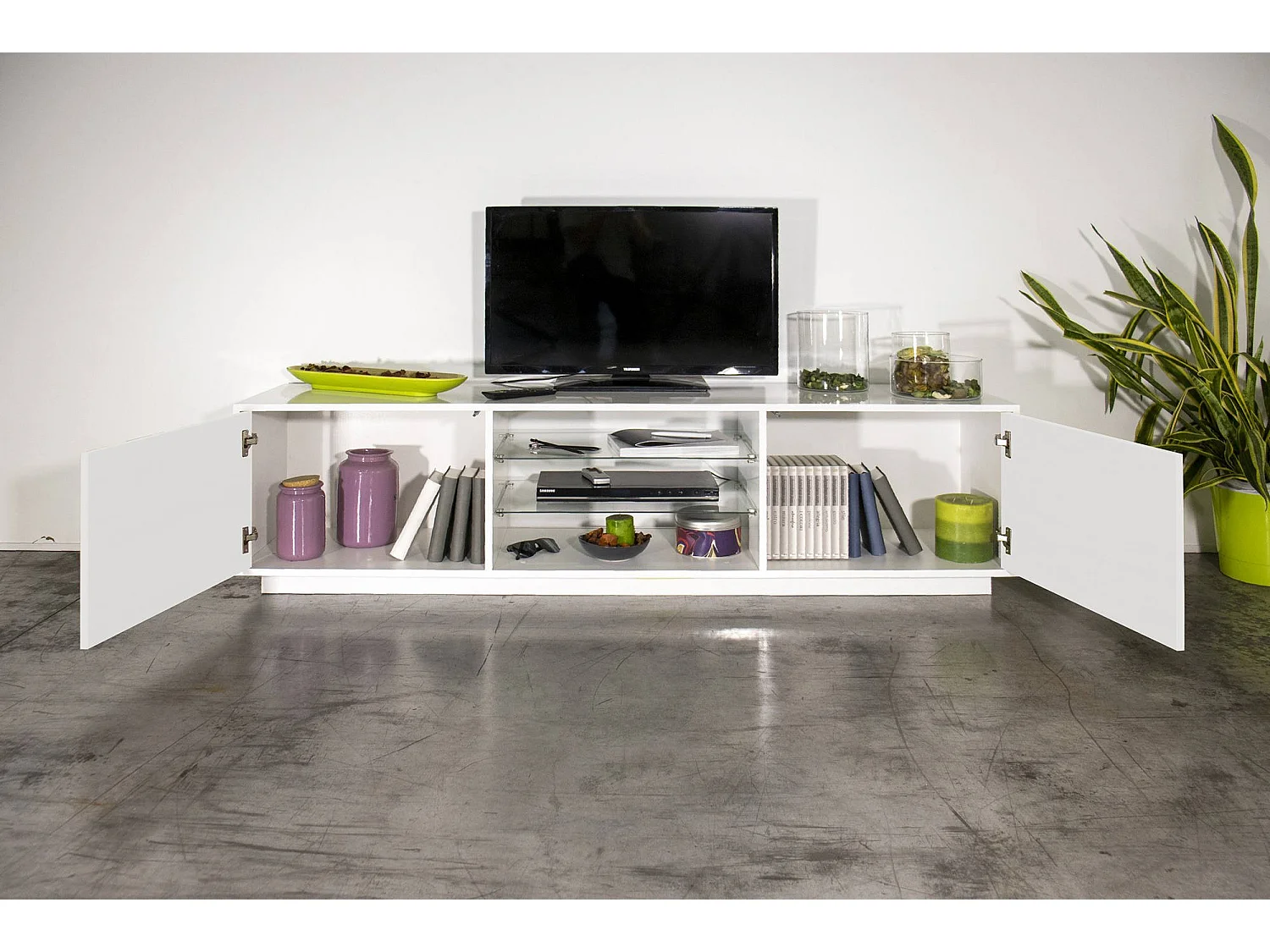 Paride TV-meubel, Laag woonkamerdressoir met 2 deuren, TV-meubelbasis, 100% Made in Italy, 180x41h46 cm, Glanzend wit