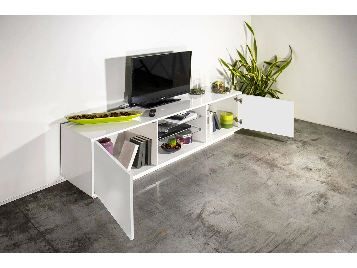 Paride TV-meubel, Laag woonkamerdressoir met 2 deuren, TV-meubelbasis, 100% Made in Italy, 180x41h46 cm, Glanzend wit