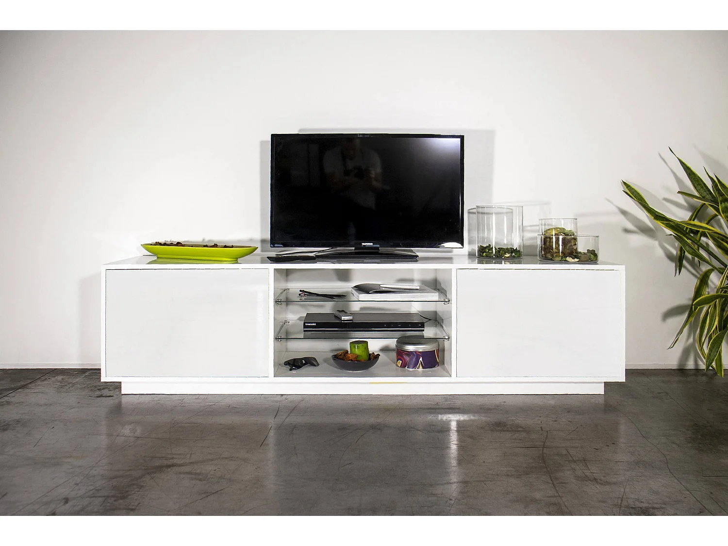 Paride TV-meubel, Laag woonkamerdressoir met 2 deuren, TV-meubelbasis, 100% Made in Italy, 180x41h46 cm, Glanzend wit