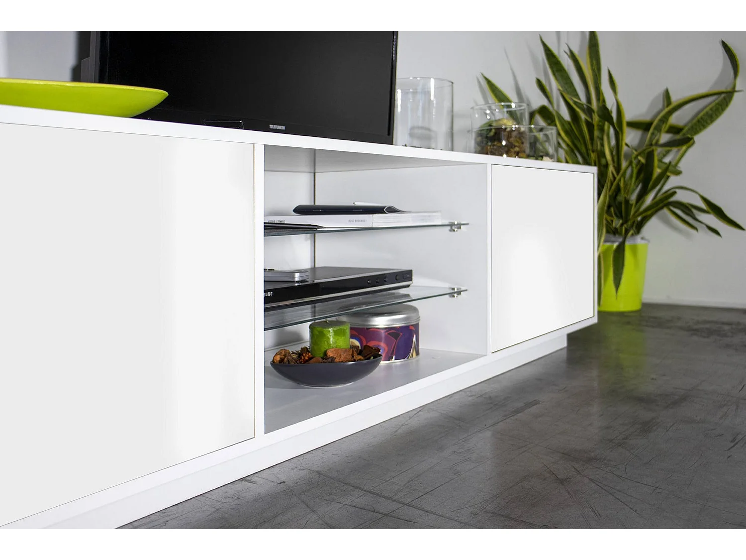 Paride TV-meubel, Laag woonkamerdressoir met 2 deuren, TV-meubelbasis, 100% Made in Italy, 180x41h46 cm, Glanzend wit