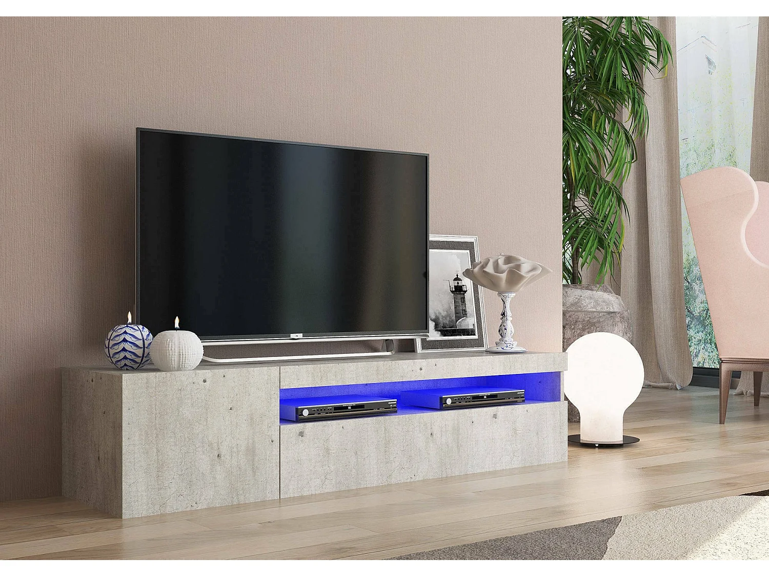 Meuble TV Dmangoni, Buffet bas de salon avec 2 portes, Base pour meuble TV, 100% Made in Italy, 150x40h37 cm, Ciment, avec lumière LED