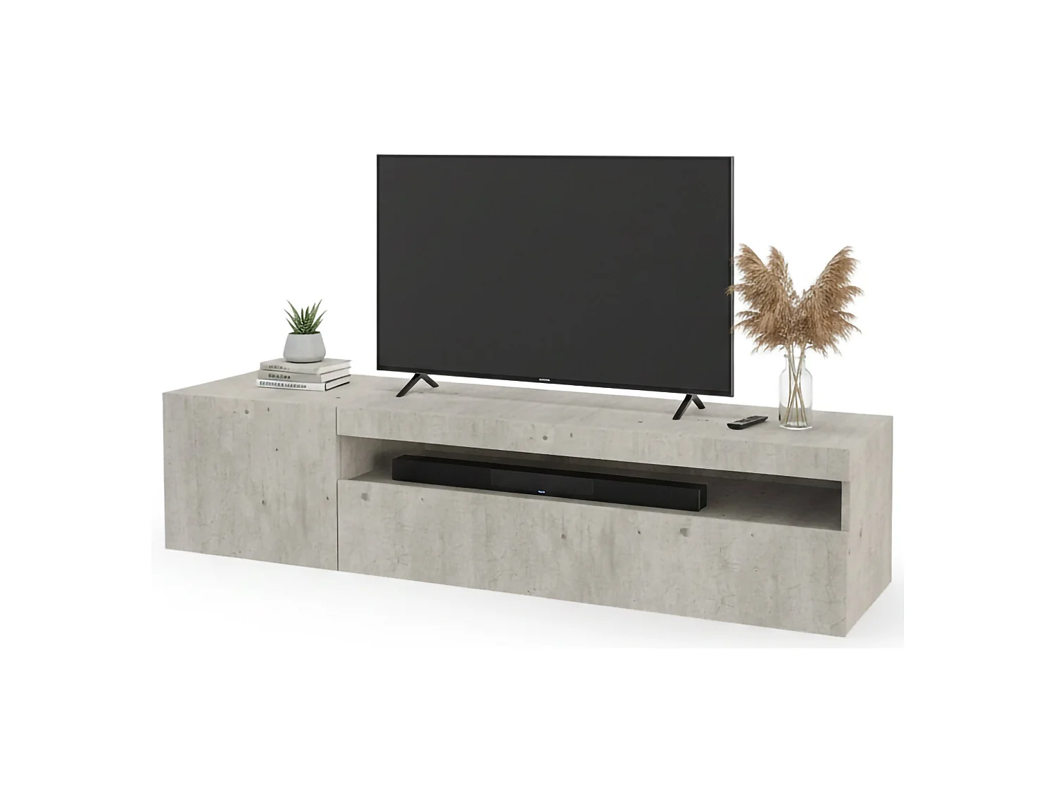 Meuble TV Dmangoni, Buffet bas de salon avec 2 portes, Base pour meuble TV, 100% Made in Italy, 150x40h37 cm, Ciment, avec lumière LED