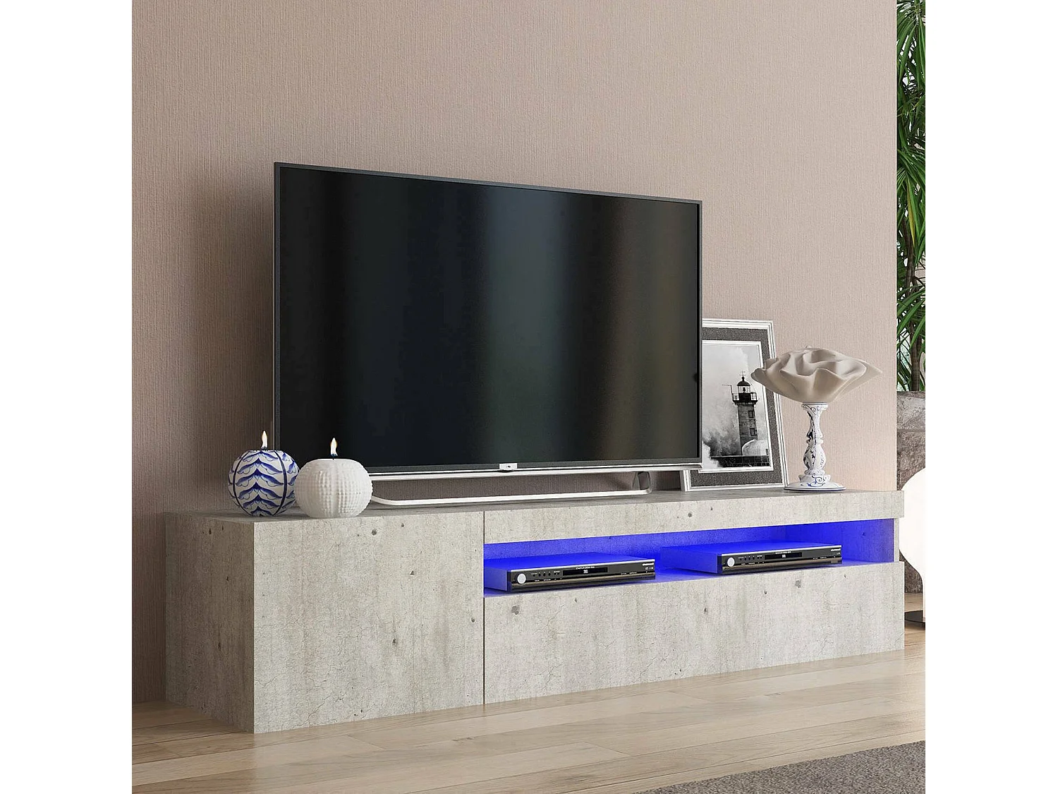 Meuble TV Dmangoni, Buffet bas de salon avec 2 portes, Base pour meuble TV, 100% Made in Italy, 150x40h37 cm, Ciment, avec lumière LED