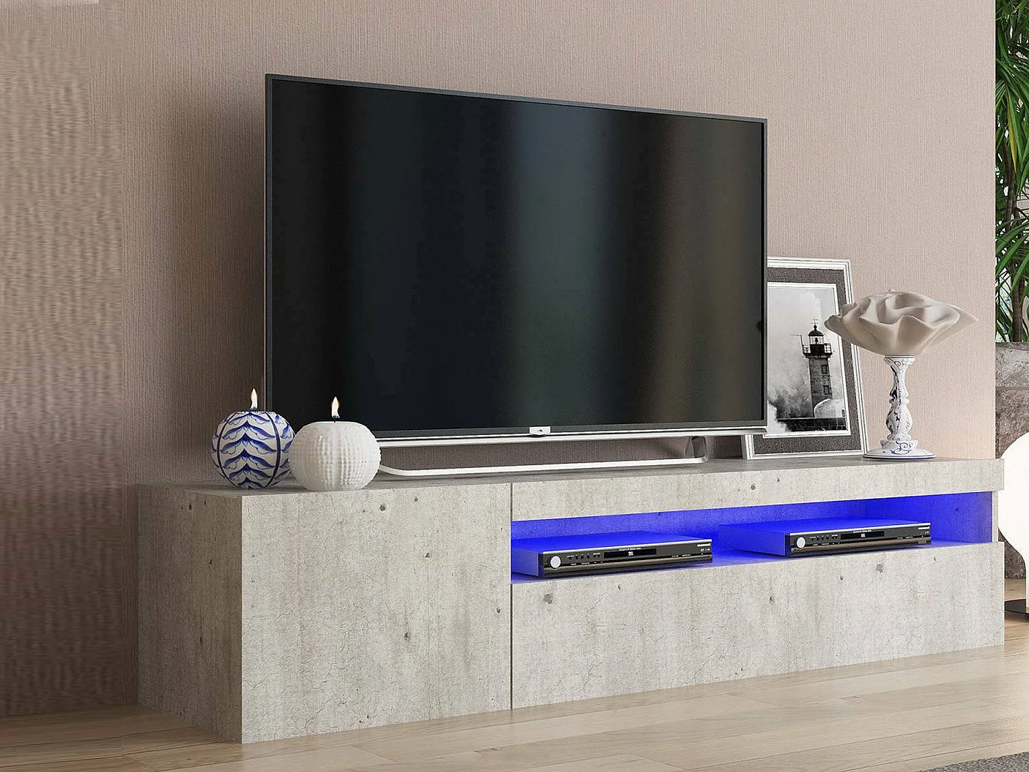 Meuble TV Dmangoni, Buffet bas de salon avec 2 portes, Base pour meuble TV, 100% Made in Italy, 150x40h37 cm, Ciment, avec lumière LED