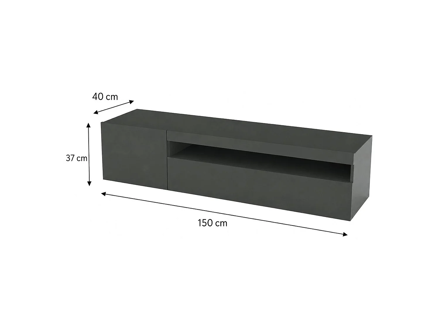 Dmontu TV-meubel, Laag woonkamerdressoir, TV-meubelbasis, 100% Made in Italy, 150x40h37 cm, Glanzend antraciet, met LED-licht